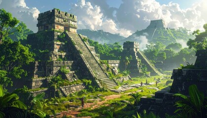 Majestic ancient ruins are nestled within a lush, vibrant jungle landscape, showcasing detailed stonework and a serene atmosphere.