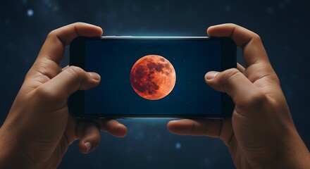 Smartphone Screen Displaying Blood Moon Photo Captured During Lunar Eclipse