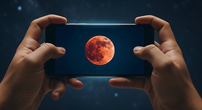 Smartphone Screen Displaying Blood Moon Photo Captured During Lunar Eclipse