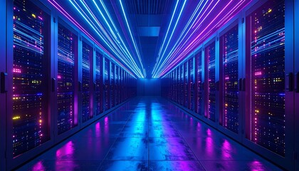 Fototapeta premium Neon-lit server room hallway