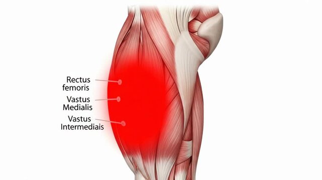 Thigh muscle pain illustration showcasing rectus femoris, vastus medialis, and vastus intermedius, highlighting potential injury or medical condition.