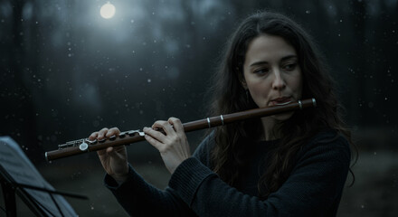 A musician plays the flute in the moonlight.