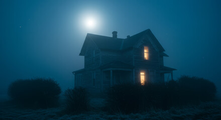An old, lonely, abandoned house, illuminated by moonlight.