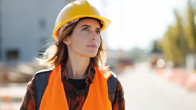 Resolute Builder's Vision: A focused construction worker, clad in essential safety gear, surveys a bustling construction site with an unwavering gaze, embodying dedication and expertise.