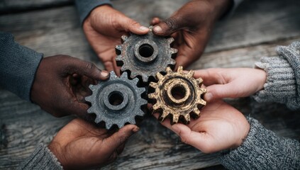 Diverse hands hold interconnected gears on a wooden surface