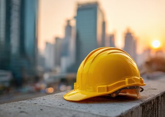 Yellow hard hat on concrete ledge, city backdrop
