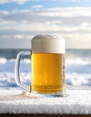 Refreshing Beer Mug on Snowy Beach Deck