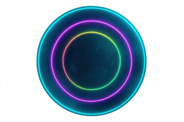 Vibrant neon circles radiating luminescent stardust against transparent backdrop, creating dynamic digital graphic element