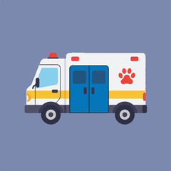 An illustration shows a side view of a pet ambulance featuring a red paw print with a white body and blue doors on a lavender background. © Ahmad