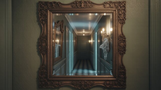 Antique mirror reflecting haunted hallway halloween decor