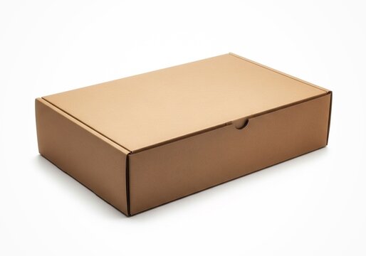 Closed cardboard box isolated on white background, clean commercial stock photo.