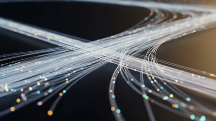 Abstract optical fiber network with glowing light trails representing data transmission and communication technology. - Powered by Adobe