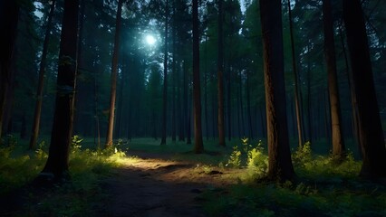 Obraz premium Enchanted Forest Path Illuminated by Full Moonlight
