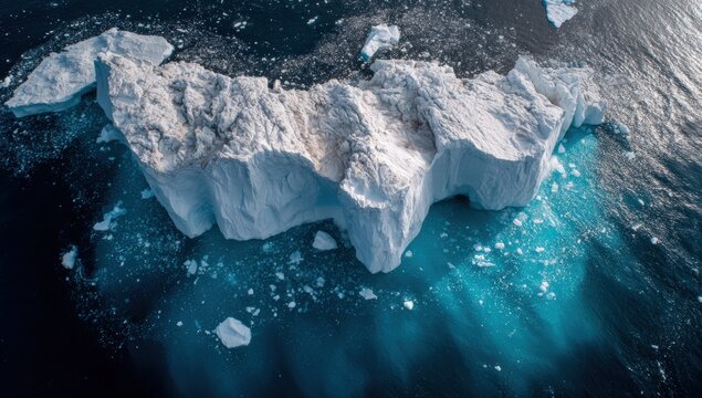 Aerial view of a large iceberg in a dark blue ocean - Powered by Adobe