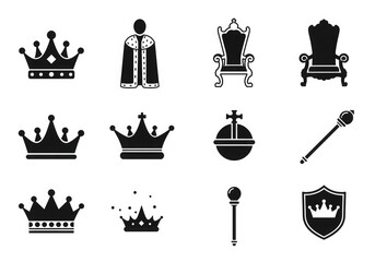 A collection of black silhouette icons representing royal symbols and regalia, including crowns, thrones, scepters, and a royal robe.