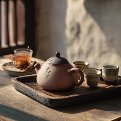 Serene Tea Set on Wooden Table in Natural Light with Simple Elegance