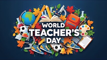 Colorful World Teacher's Day illustration with a vibrant collage of school supplies, educational icons, and autumn leaves on a dark blue background.