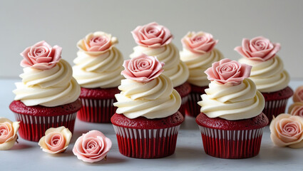 Red velvet cupcakes with cream cheese frosting and pink rose decorations dessert baking sweet treats cakes