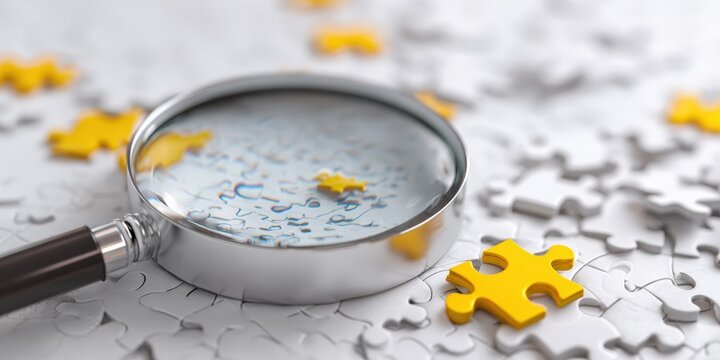 Magnifying glass over scattered puzzle pieces