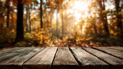 Rustic wooden table in autumn forest