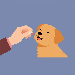 Illustration depicting a person's hand offering a small yellow treat to a happy golden retriever, set against a blue background.