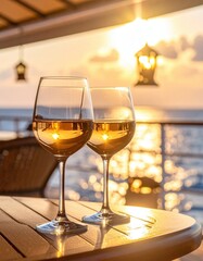 Two wine glasses at sunset over ocean