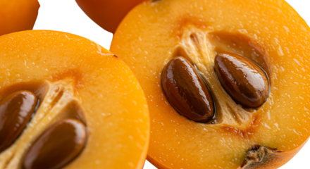 Close up of ripe loquat fruit halved revealing seeds isolated on white background