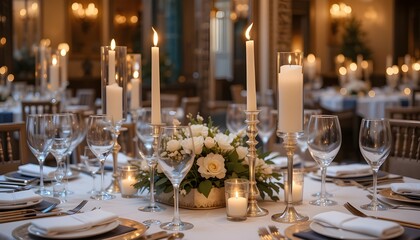 Elegant wedding reception table setting with white roses and flickering candlelight creates romantic ambiance