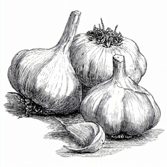 Detailed engraving of garlic bulbs features a scratchboard technique with bold lineout style.