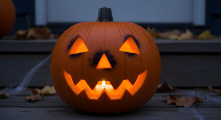 Obraz premium Classic Halloween Pumpkin Carved with a Spooky Face and Glowing Candle