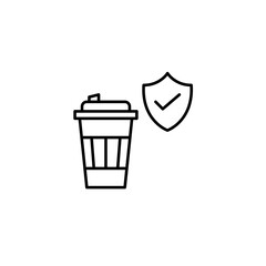 Coffee in takeaway cup with shield and checkmark. Certified barista, high quality cafe. Pixel perfect, editable stroke vector icon