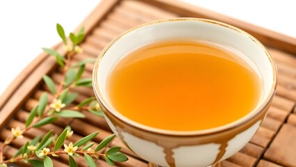 Japanese genmaicha tea in traditional cup, isolated on white, styled for minimalist promotion