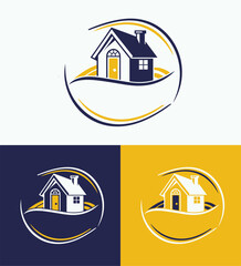 A vector icon set features various real estate symbols including houses, buildings, and other property-related illustrations for web design