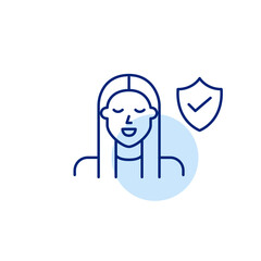 Woman, shield and checkmark. Verified user, trusted profile, secure account, user privacy protection. Pixel perfect editable stroke vector icon