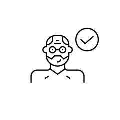 Man and checkmark. Verified profile, authentication and health checkup passed. Pixel perfect, editable stroke vector icon