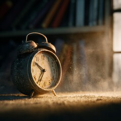 Vintage Alarm Clock Surrounded by Dust in a Cozy Environment