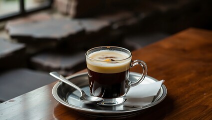Kopi Joss served on a small metal tray with a spoon and sugar packet, rustic stone table background, glowing embers floating in the glass, moody lighting