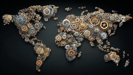 World map rendered as intricate gears and cogs