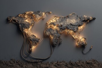 World map, stone, lit gold wires