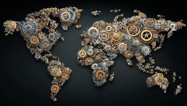 World map rendered as intricate gears and cogs