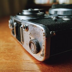 Vintage Camera Close-Up on Wooden Table with Soft Background Light