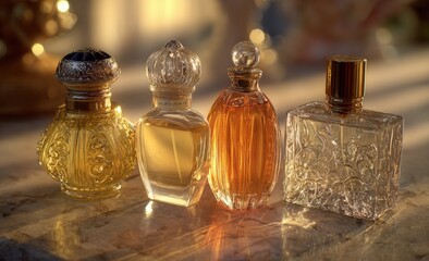 Four perfume bottles, sunlight