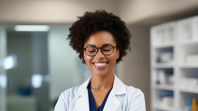 Smiling woman in white coat with glasses in medical office