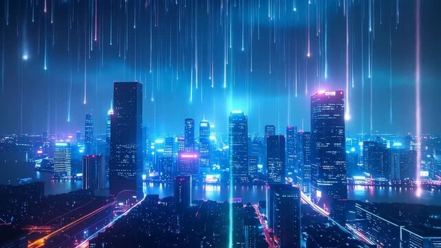 city at night lightning and rainy colorful 