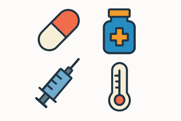 Medical Icons Set Featuring Pills Syringe Thermometer and Medicine Bottle.