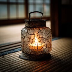 Vintage Japanese Lantern With Warm Glow in Traditional Setting