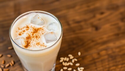 Iced horchata with cinnamon dust and rice grains visible, wood table