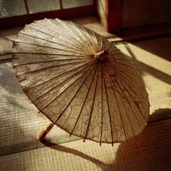 Vintage Japanese Paper Umbrella on Tatami Mat in Natural Light