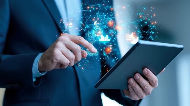Businessman using digital tablet for futuristic technology interface, innovation, data analysis, analytics, and network connection with advanced data - Powered by Adobe
