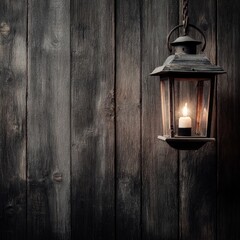 Vintage Lantern Lighting Candle on Rustic Wooden Background